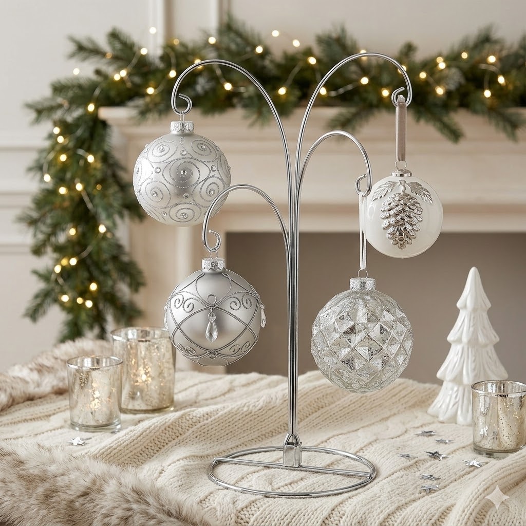 HOHIYA 2 Pack 4-Arm Ornament Display Stand 12 Inch Metal Hanging Holder for 4 Christmas Ornaments Multi-Hook Stand for Glass and Crystal Balls Chrome Silver Art Craft Hanger
